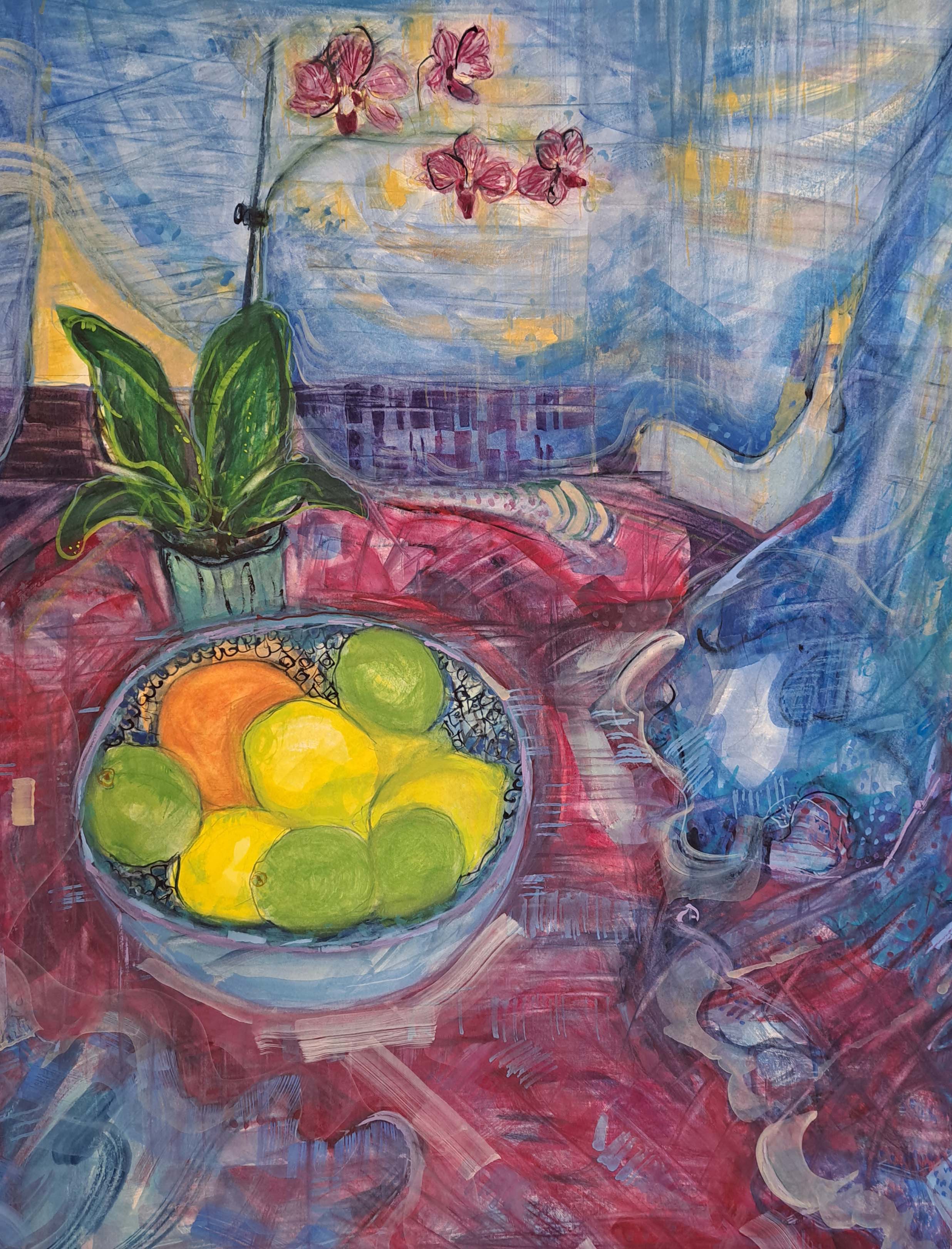 Bowl of lemons and limes, orchid, table setting bright colours