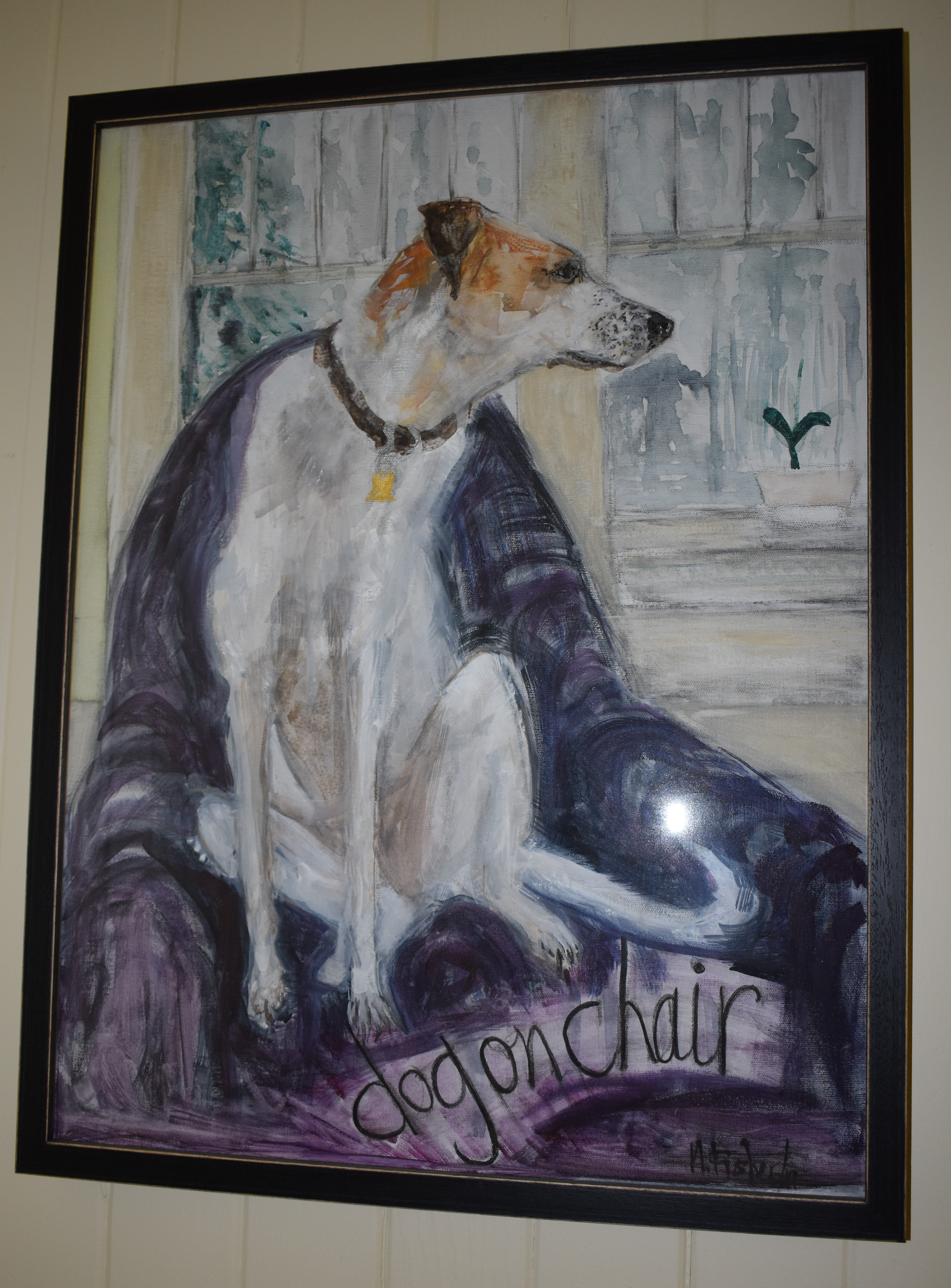 Dog on Chair whimsical art Gouache Painting